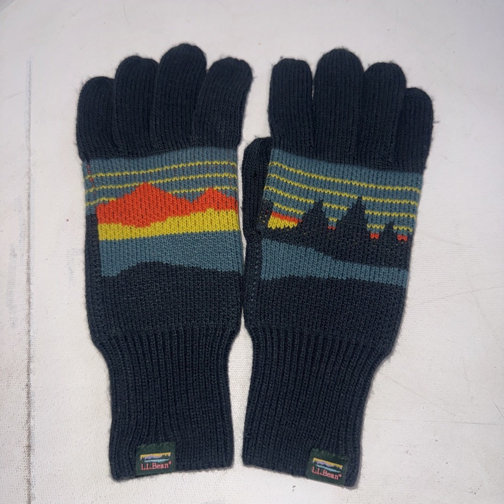 LL Bean Gorpcore Outdoor Mountain Print Logo Ski Fleece Unlined Gloves No Size